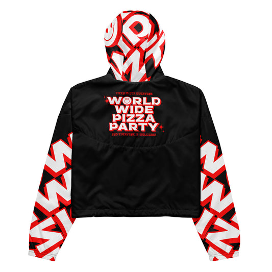 Ultra Slice - World Wide Pizza Party Cropped Women's Windbreaker (Black)